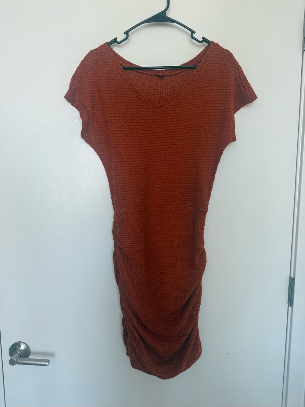 Rust Knit V-Neck Ruched Women’s Dress